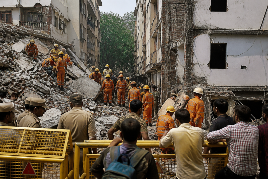 Rescue personnel and bystanders at the site of the Satya Niketan building collapse in Delhi