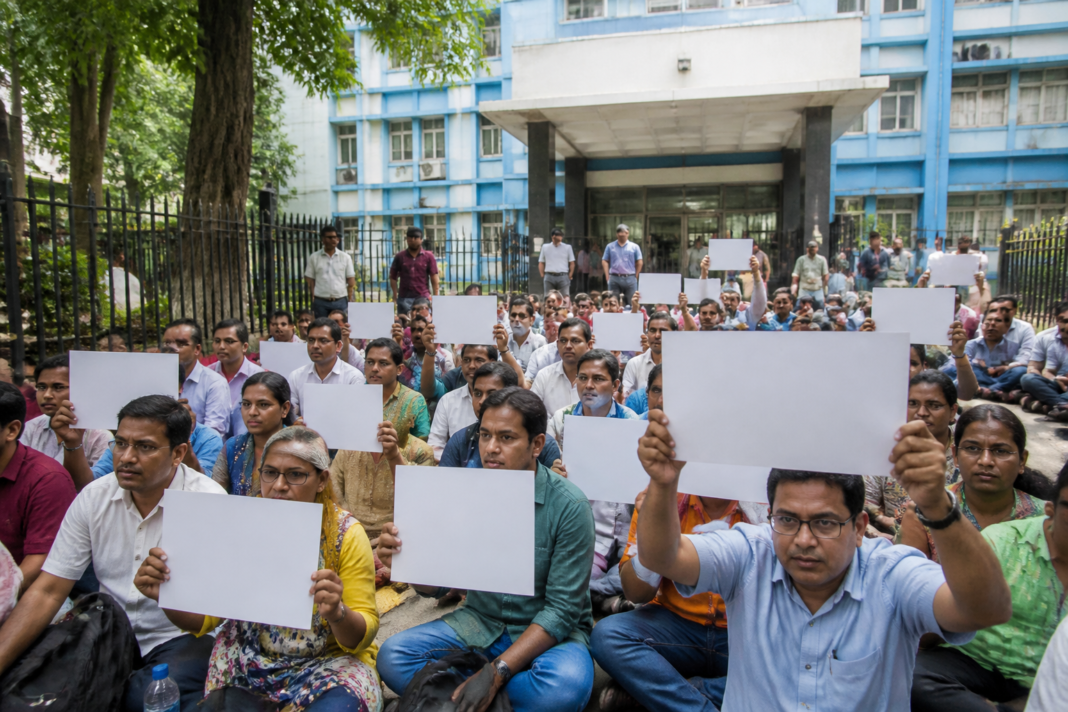 Dismissed West Bengal teachers and school staff gathered outside Bikash Bhavan during a protest over cancelled SSC 2016 panel appointments