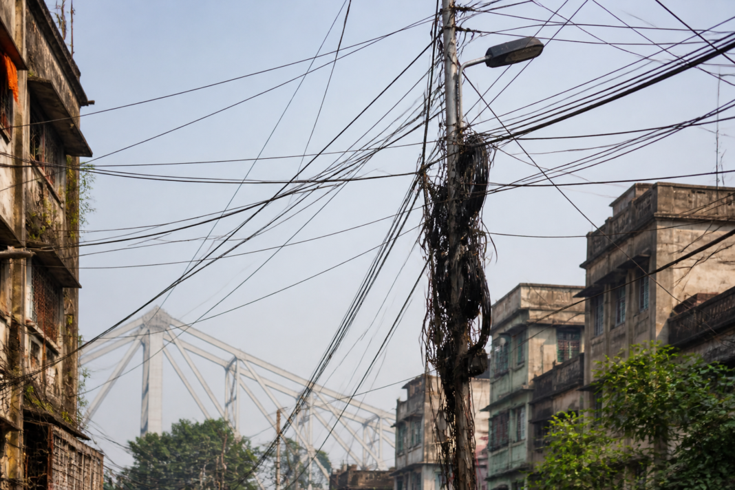 Exposed electrical and cable wires hanging around a street-light pole on a Howrah road before Durga Puja
