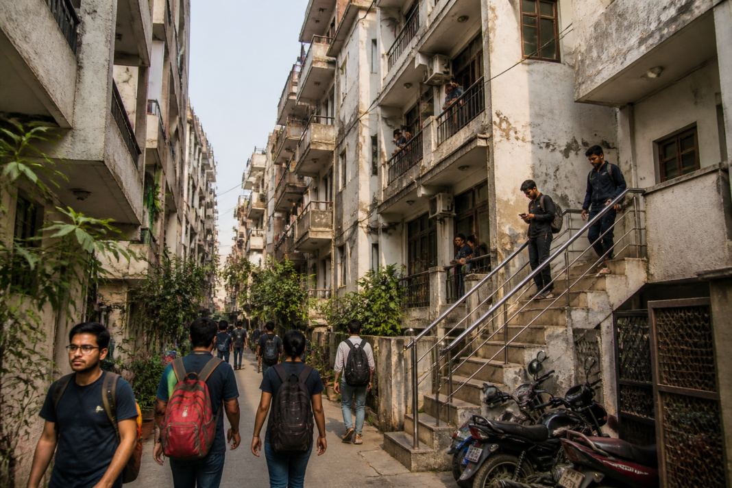 A dense Delhi neighbourhood with multi-storey paying guest accommodation buildings, illustrating concerns over Delhi PG safety