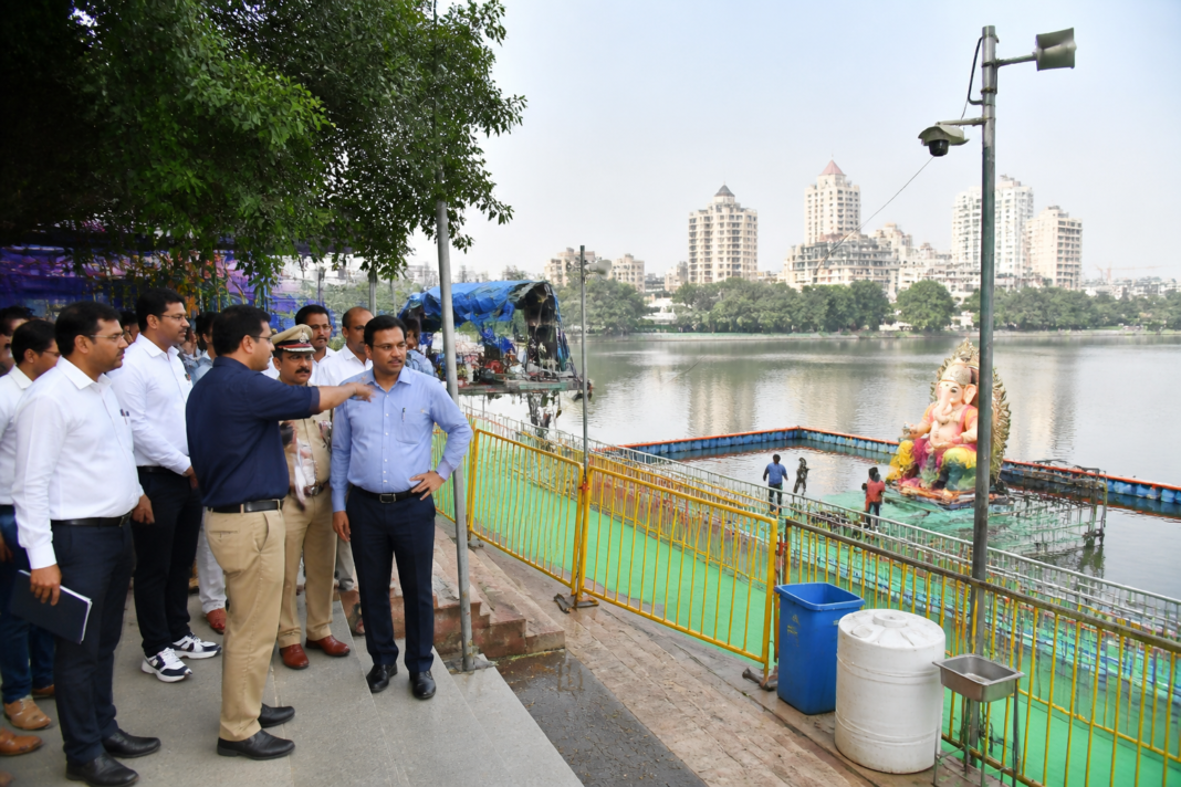 Thane mayor Sharmila Pimpolkar inspects preparations at a Ganesh visarjan ghat in Thane