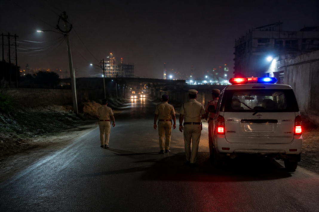 Hyderabad police vehicle conducting night patrol on a suburban road