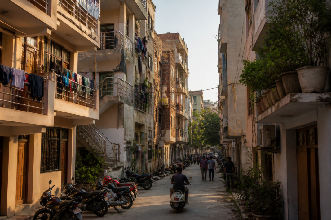 Dense student housing and paying guest buildings in a Delhi neighbourhood