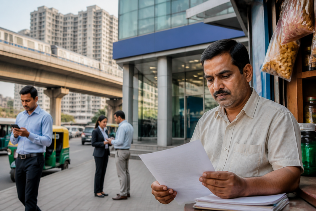 Urban Indian borrowers and small businesses interacting with a modern lending network represented by bank branches, digital finance interfaces and transport infrastructure