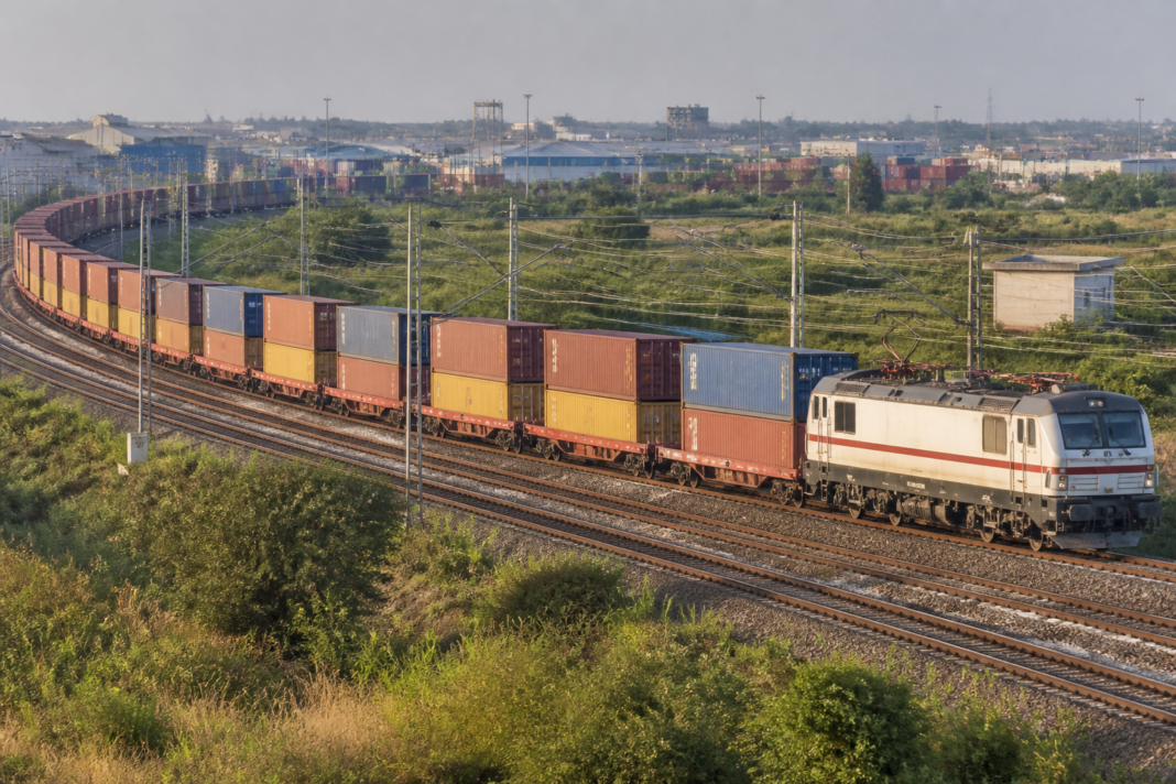 Freight train carrying double-stack containers on India’s Dedicated Freight Corridor near an industrial logistics route