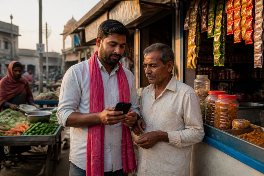 A small-town Indian market with a digital lending interaction taking place beside local shops and everyday urban infrastructure