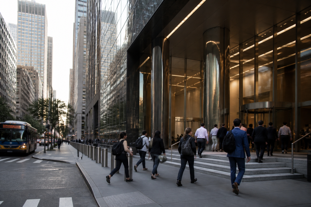 Urban office district representing Uber’s remote work policy and shift toward designated corporate hubs