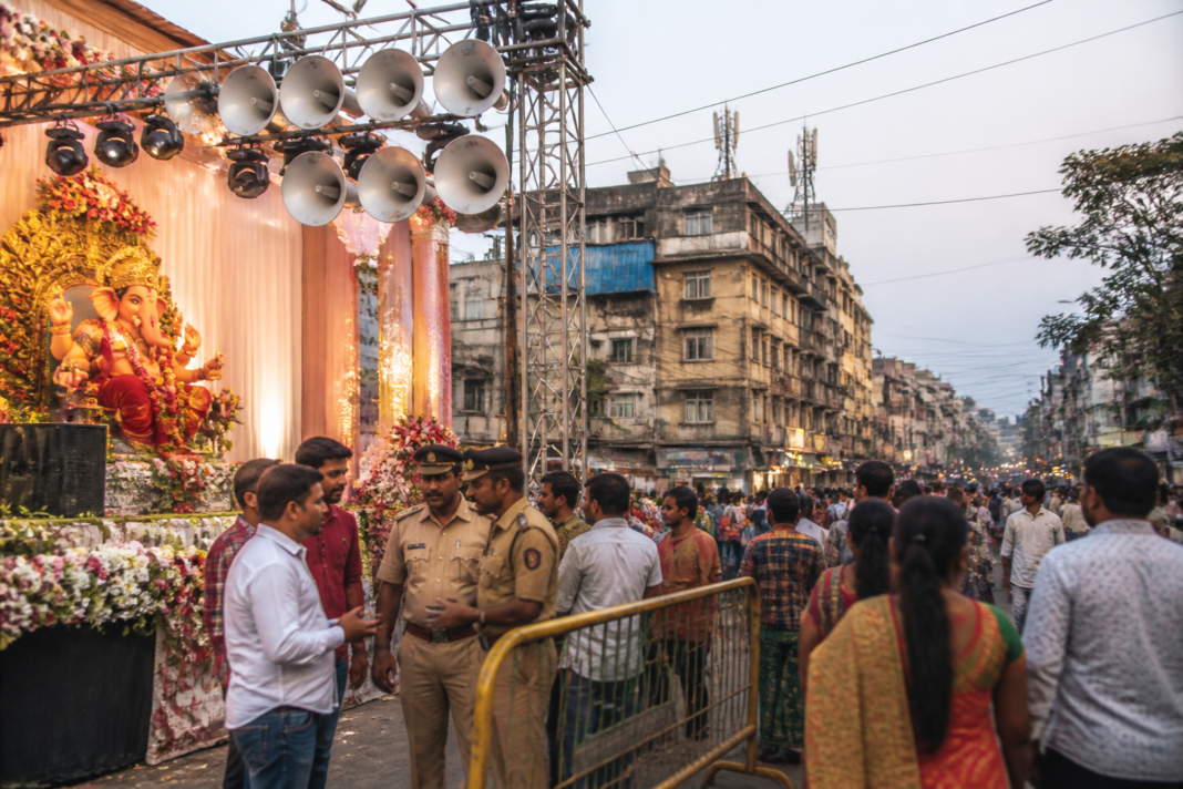 Pune Ganeshotsav procession with police monitoring loudspeakers and crowds