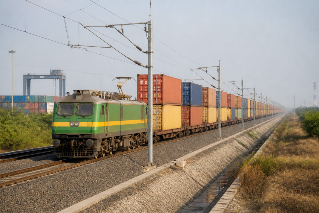 Freight train carrying double-stack containers on India’s Dedicated Freight Corridor