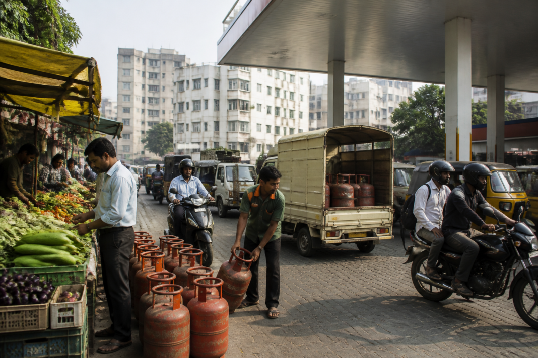 Urban Indian market and fuel station illustrating rising food and fuel costs linked to India inflation