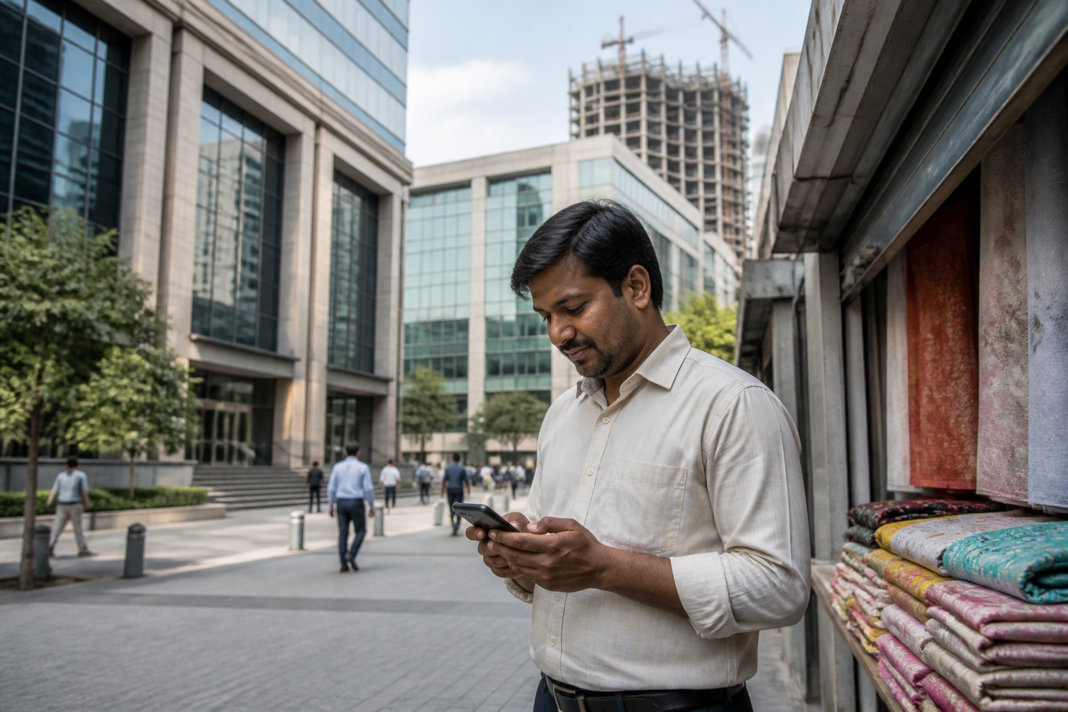 NBFC lending in India represented by a borrower using a digital loan service beside an urban financial district