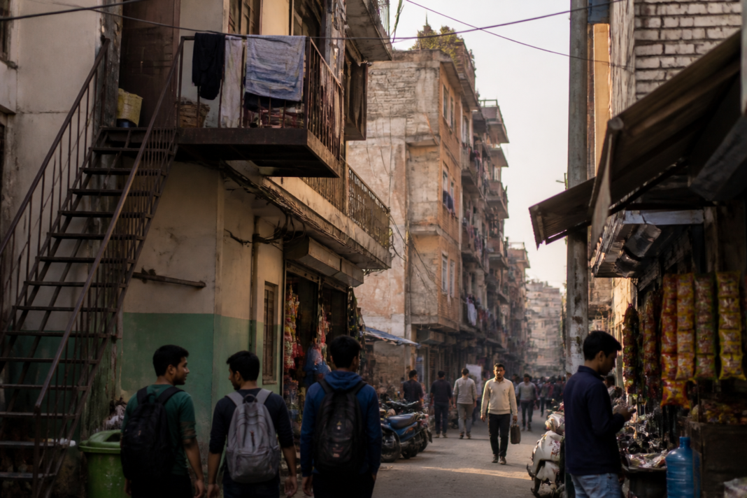 A dense Delhi neighbourhood with low-rise accommodation buildings and a narrow lane reflecting the safety challenges facing student housing