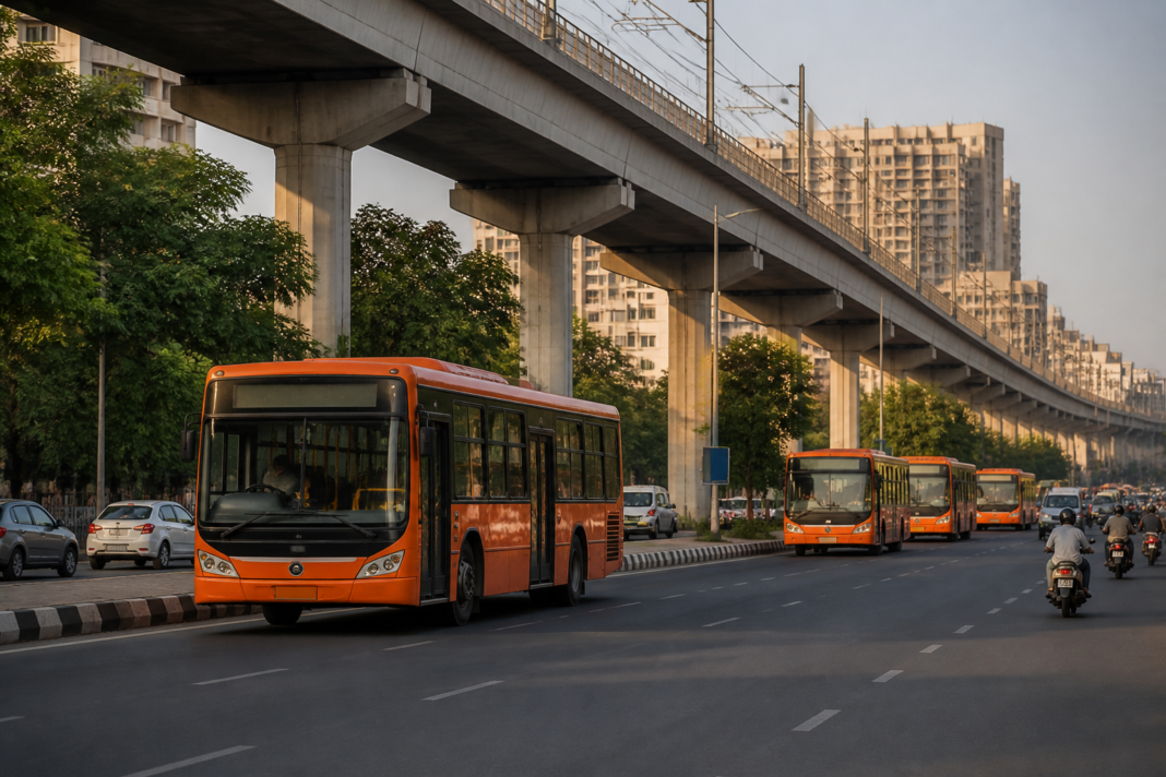 Delhi low-floor public buses on a city road, reflecting Rakesh Mehta’s reported public transport legacy