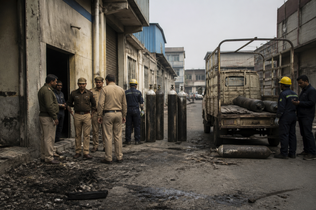 Delhi oxygen cylinder blast site at an Okhla Phase-I commercial godown
