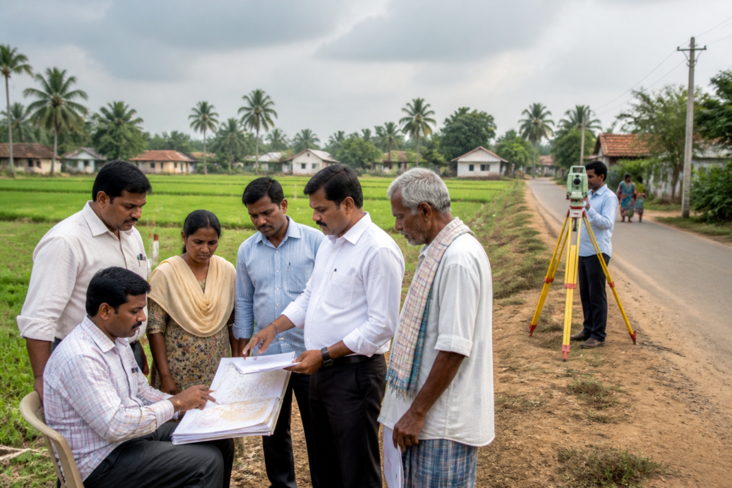 Andhra land rights officials reviewing property records during a village land survey in Andhra Pradesh