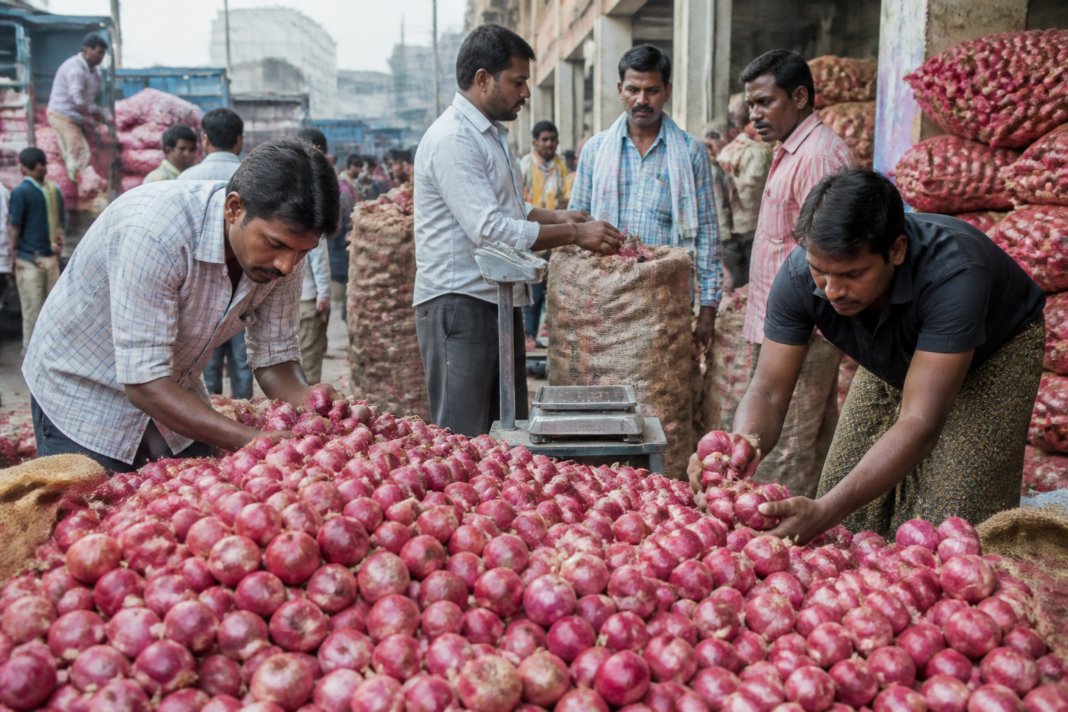 Onions at a Telangana market as onion prices rise to Rs 80 per kg