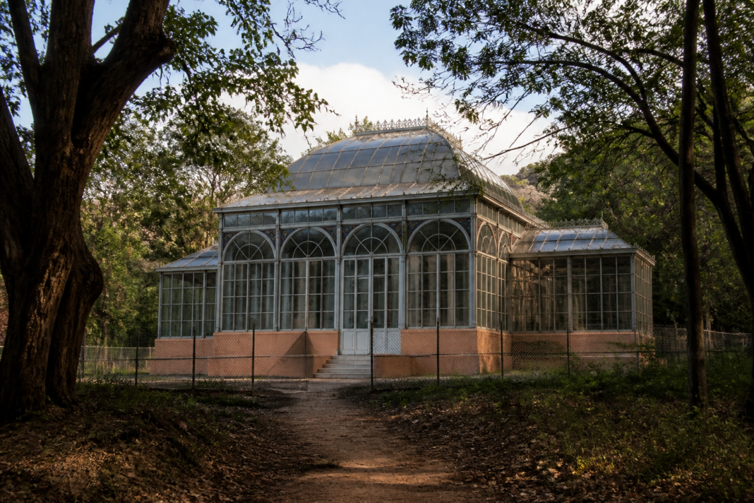 Arani Glass Palace restoration in a forested area near Tiruvannamalai, Tamil Nadu