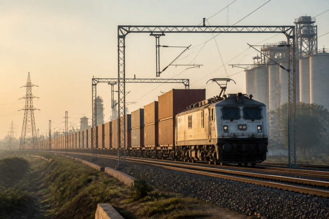 Dedicated Freight Corridors carrying double-stack freight containers through India's industrial landscape