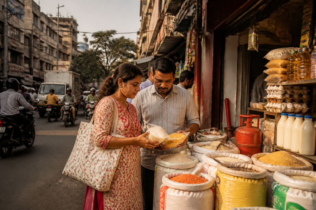 India inflation pressures shown through food staples and a cooking gas cylinder in an urban market