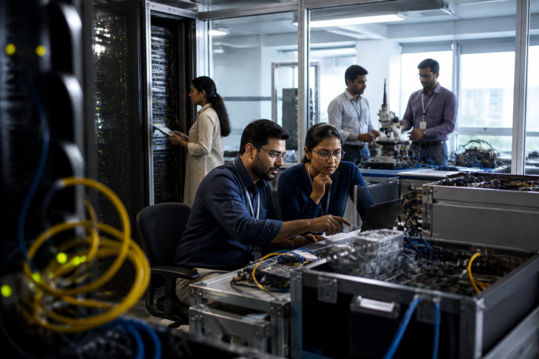 Quantum-safe security engineers working on cybersecurity infrastructure in an Indian technology lab