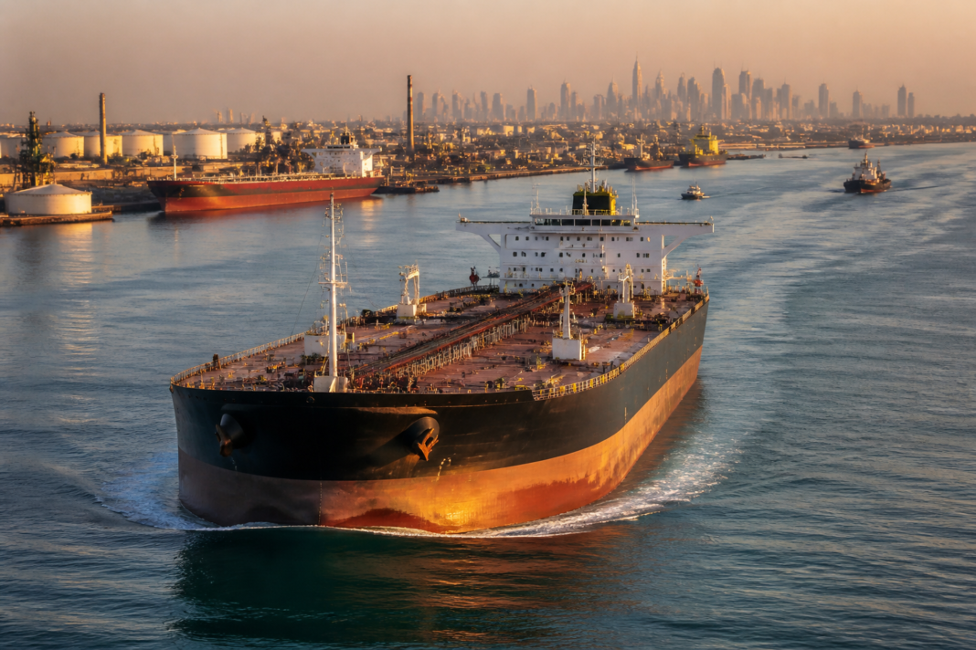 Brent crude oil price rise represented by an oil tanker near a busy urban port.