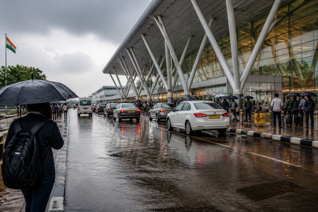 Delhi airport waterlogging near the Terminal 3 arrival forecourt after heavy rain