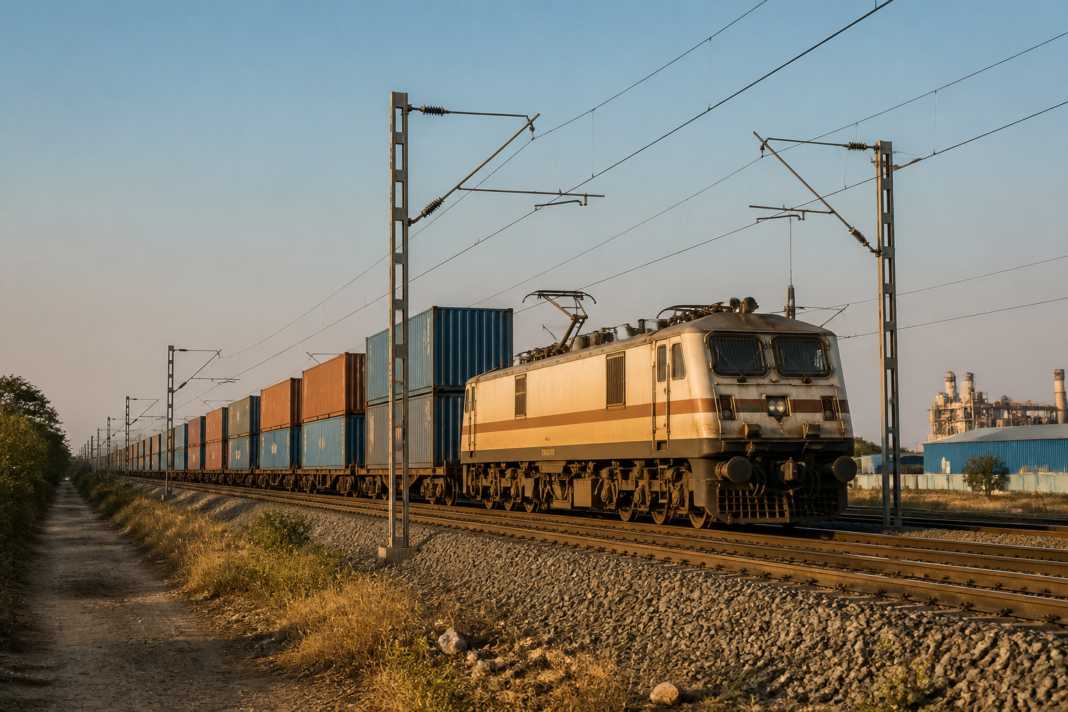 Dedicated Freight Corridors carrying double-stack container trains across India's industrial landscape