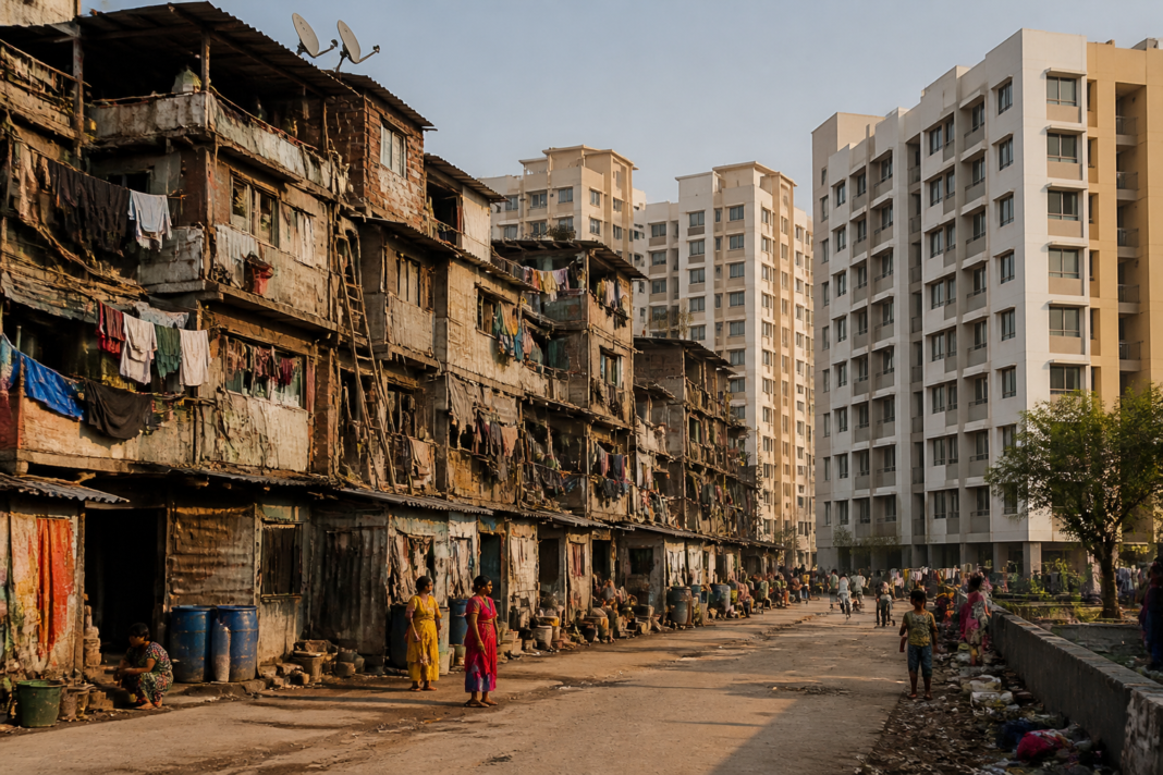 Mumbai slum rehabilitation buildings representing the housing rights dispute involving SRA first-floor slum dwellers
