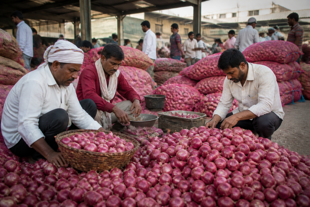 Onions displayed for sale at Pune Market Yard amid rising Pune onion prices
