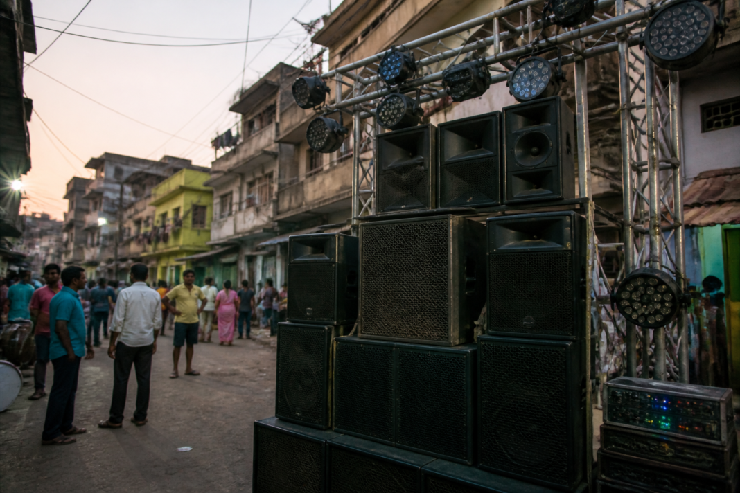 Loudspeakers and festival sound equipment set up on a street in Vasai, illustrating concerns over Vasai sound pollution