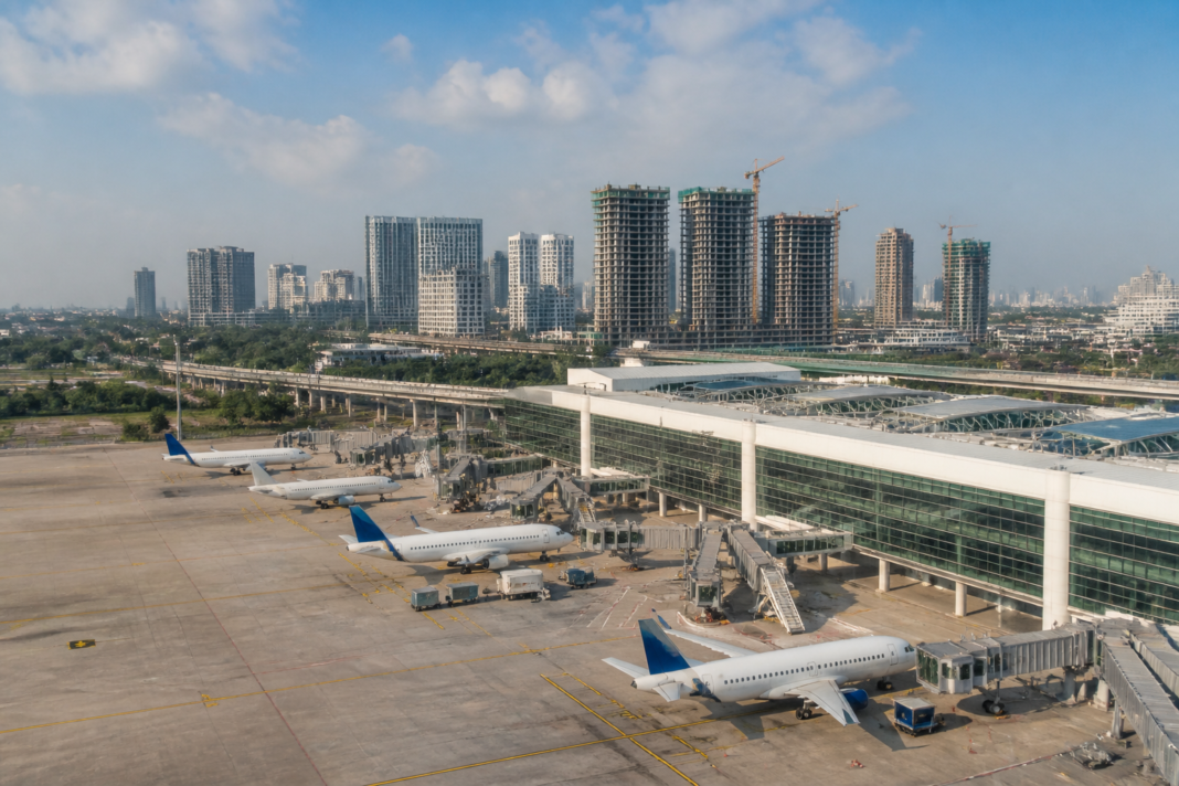 Airport terminal and surrounding urban infrastructure representing Adani Airports' expansion and airport-city development plans