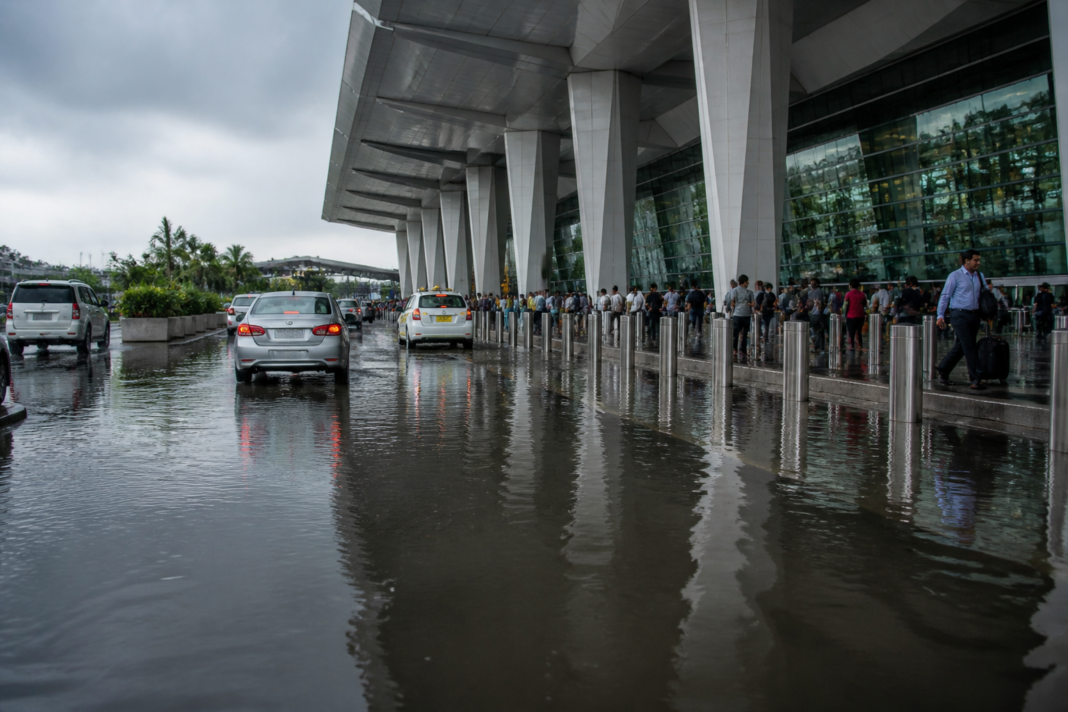 Arrival forecourt at Delhi airport after heavy rain and temporary waterlogging
