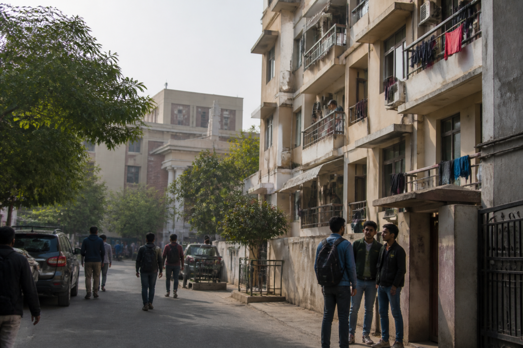 Delhi student accommodation buildings in an urban neighbourhood, representing the DDA's plan for safer hostel and paying guest facilities