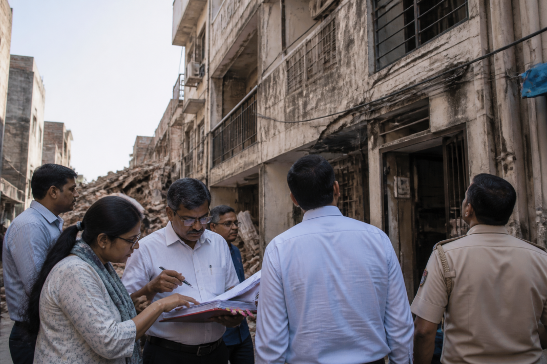 Municipal officials inspect a multi-storey building in Delhi during a citywide PG accommodation safety drive