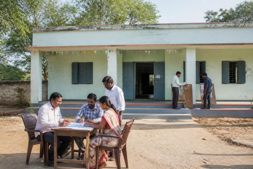 Polling station entrance in Andhra Pradesh prepared for MPTC and ZPTC local body elections