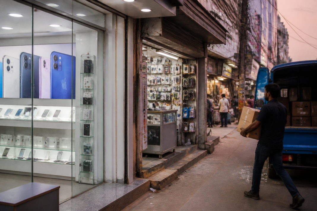Xiaomi smartphone display inside an Indian electronics retail store, illustrating the Xiaomi FDI probe and scrutiny of e-commerce and foreign investment rules