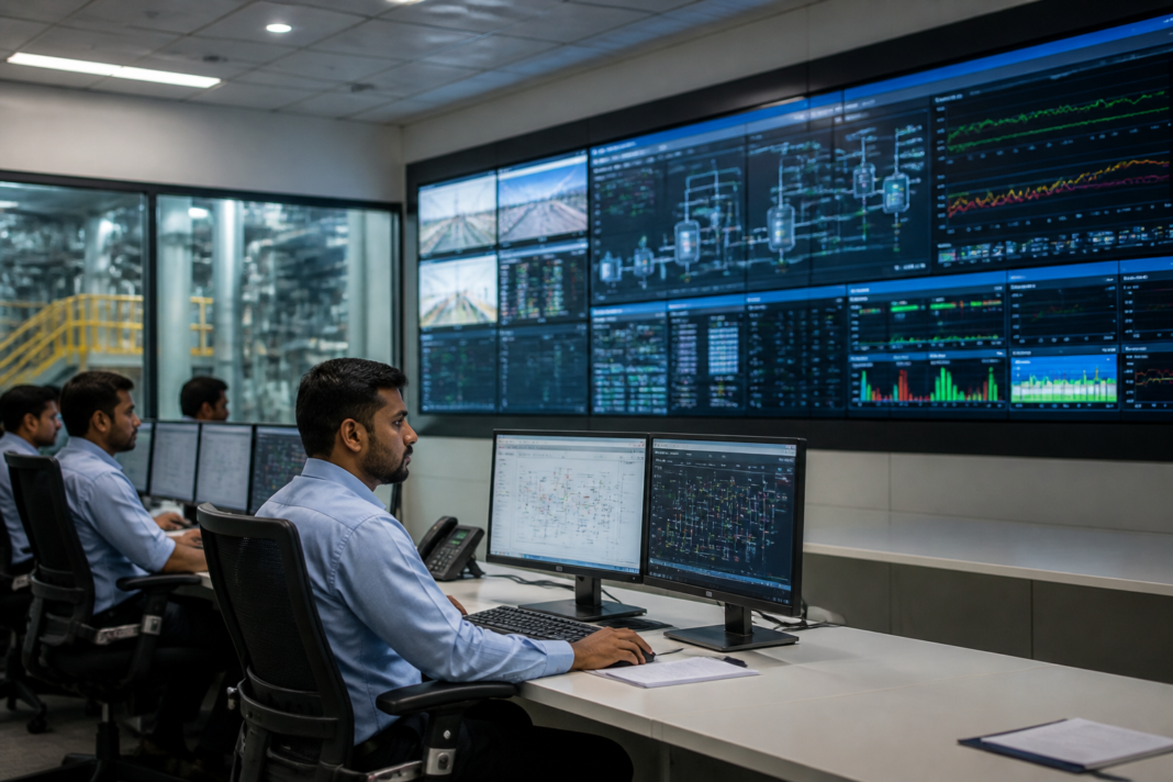 Control room displaying connected industrial infrastructure systems as part of critical infrastructure cybersecurity operations