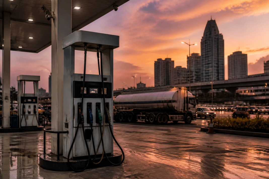 Fuel station in India with petrol and diesel price displays amid rising India crude oil prices