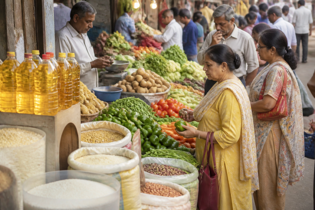 Urban market shoppers comparing food prices at a produce stall in India amid rising consumer inflation