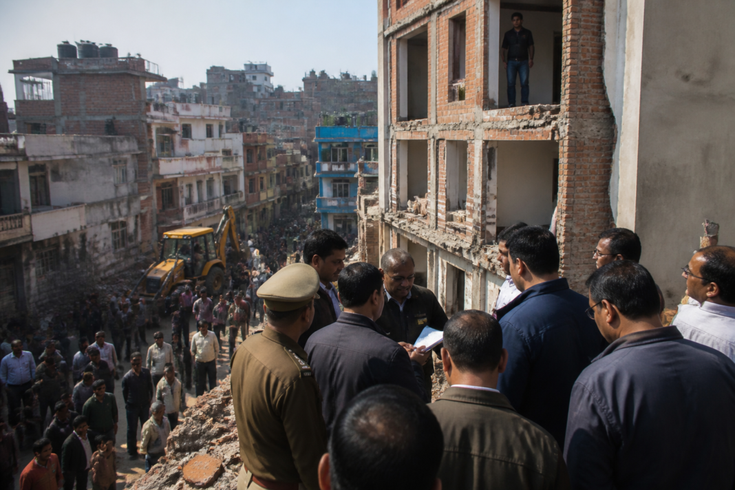 Dense Delhi neighbourhood buildings near a construction site, illustrating concerns over building safety and unauthorised structural alterations
