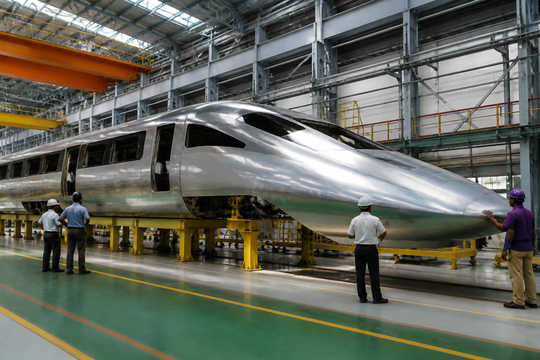 Prototype India bullet train being prepared for testing at a high-speed rail manufacturing facility