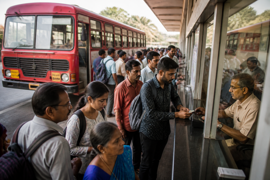 MSRTC bus at a Maharashtra bus station representing the NCMC card helpline support service for passengers