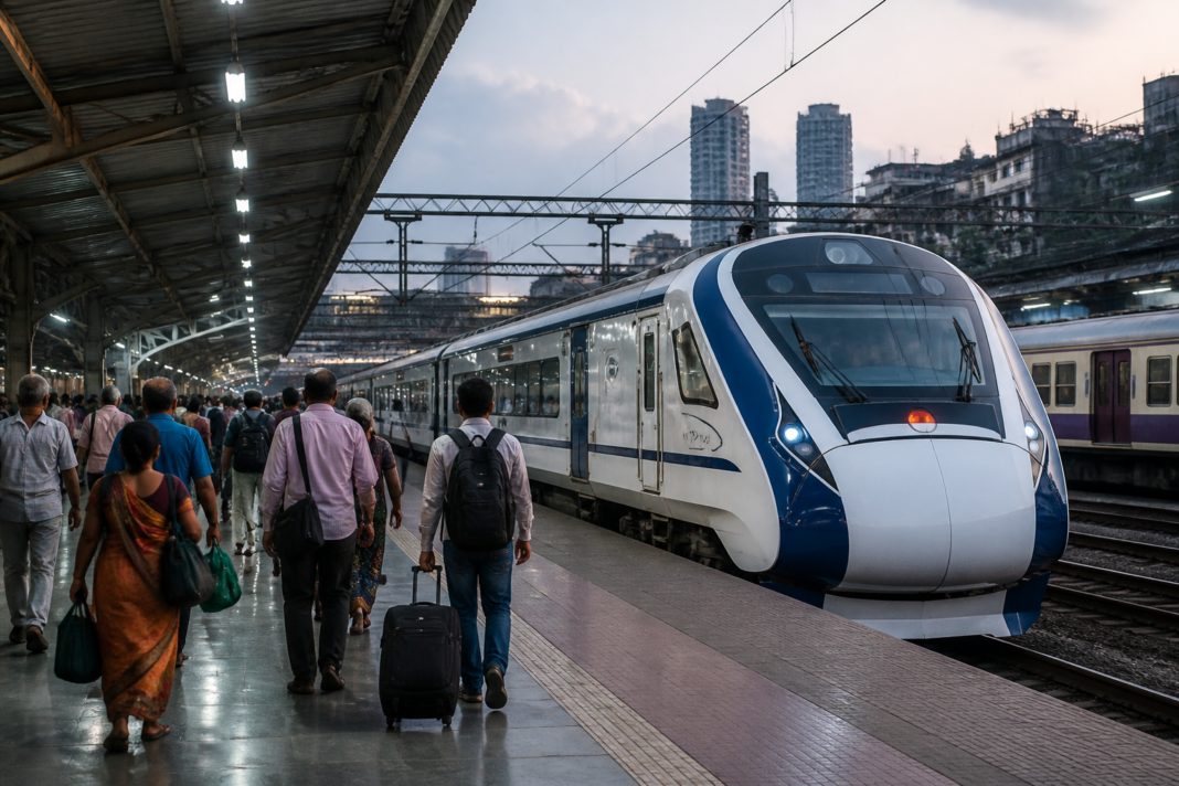 Mumbai–Madgaon Vande Bharat Express at a railway station, representing a request to increase the train from eight to 20 coaches before Ganeshotsav