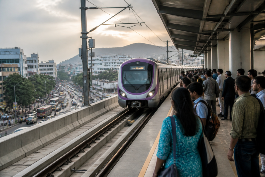 Pune Metro train arriving at an elevated station during peak-hour commuter operations