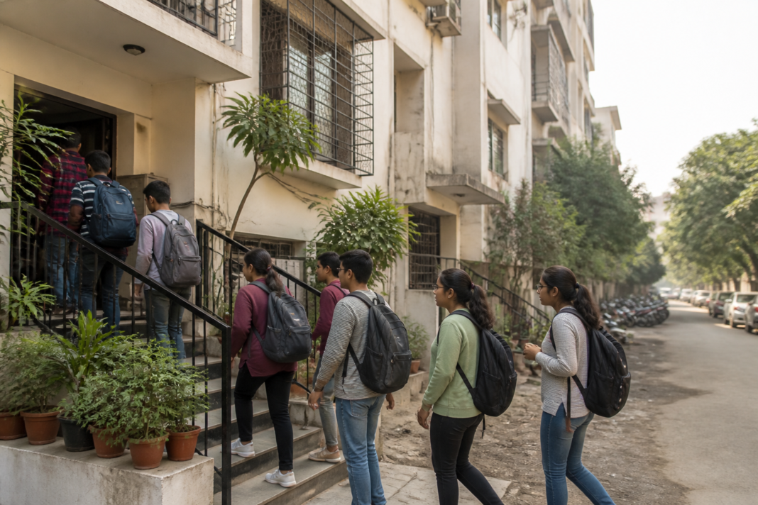 Students outside a private coaching class in Pune amid debate over Maharashtra coaching class rules