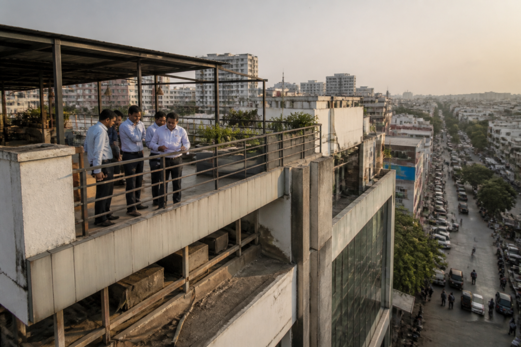 Rooftop hotel structures on commercial buildings in Pimpri-Chinchwad under a PCMC safety and permissions survey