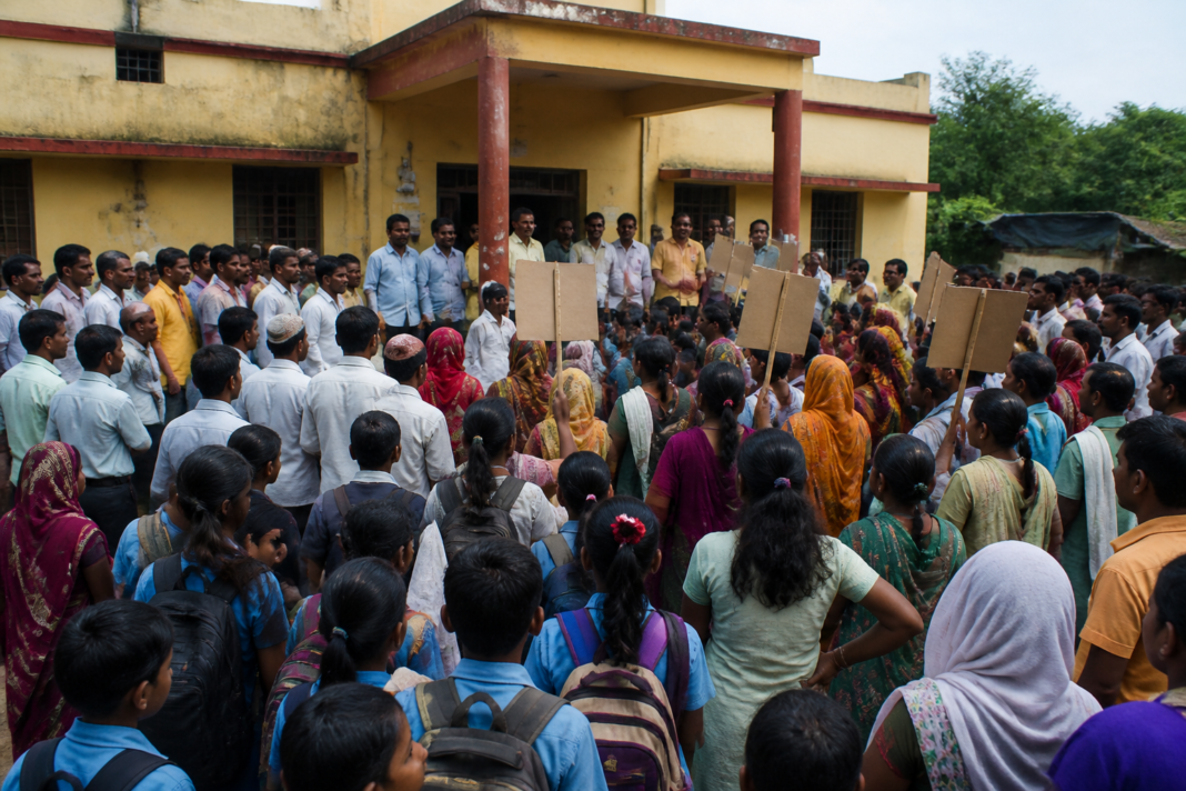 Students and parents protesting outside the Shahapur panchayat samiti over government school closures and basic facilities
