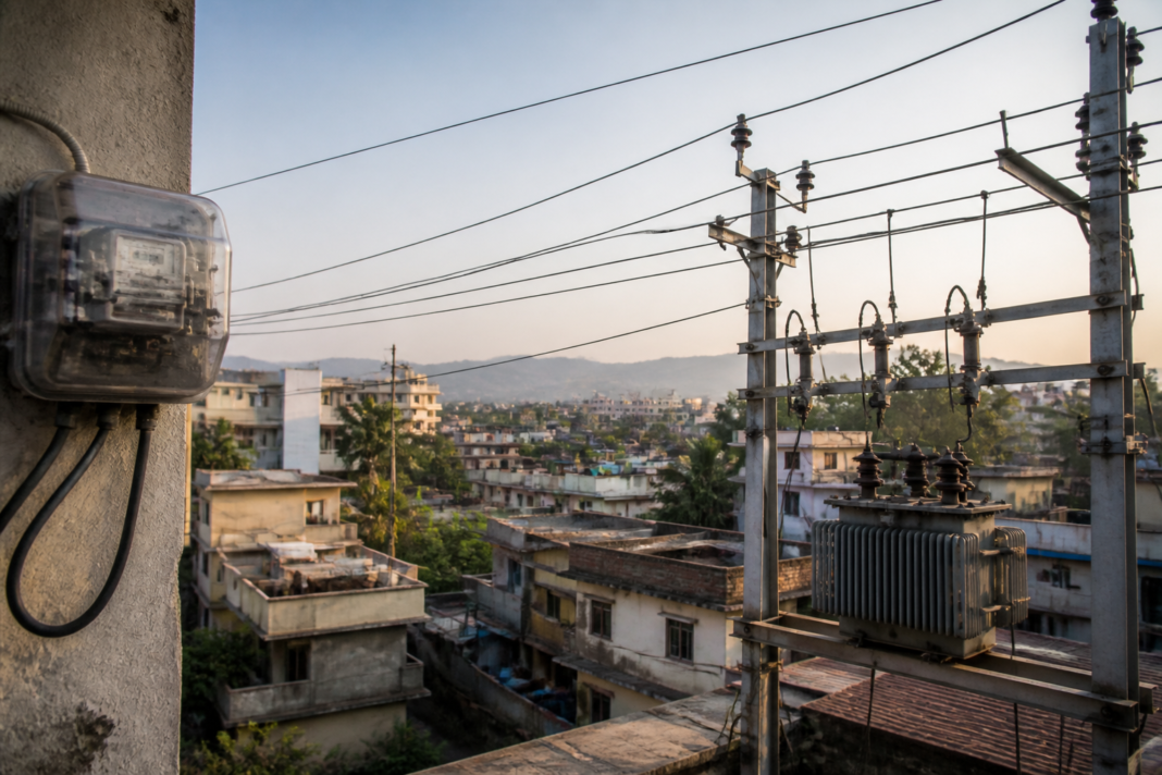Mahavitaran electricity meter and power lines in an urban neighbourhood in the Thane-Palghar region