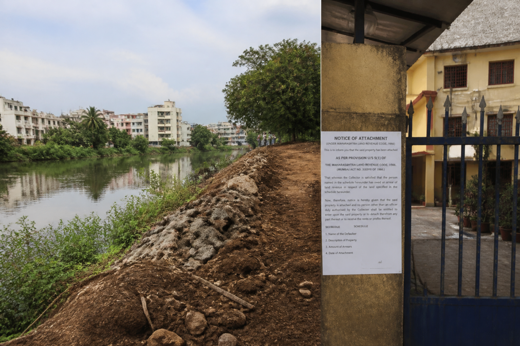 Revenue department seizure notice at Satsang Vihar near the Ulhas River in Badlapur after alleged riverbed filling