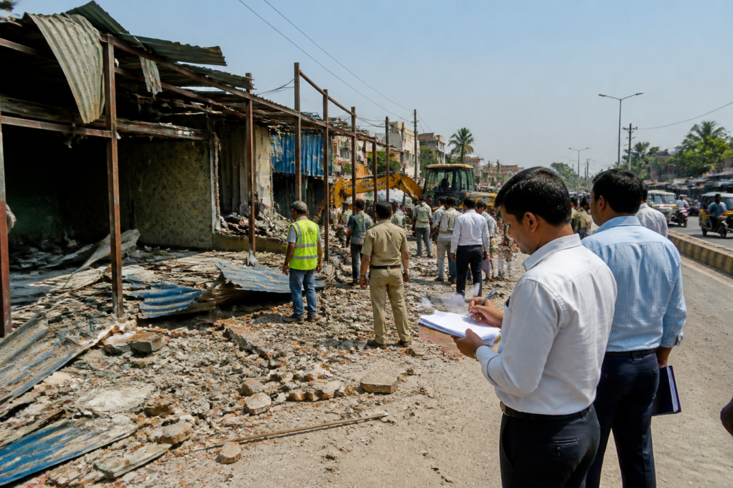 Revenue officials oversee the demolition of unauthorised construction at the Roop Delta complex beside Boisar-Tarapur Road in Palghar